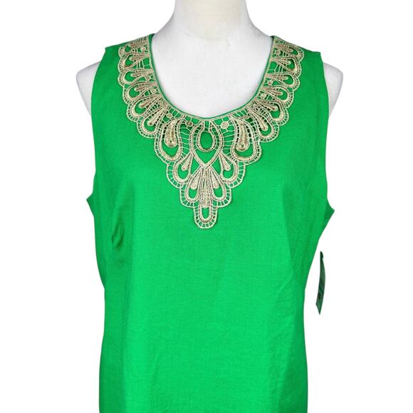 J Howard NWT Kelly Green Linen Blend Gold Lace Trim Sleeveless Shift Dress - Picture 5 of 12